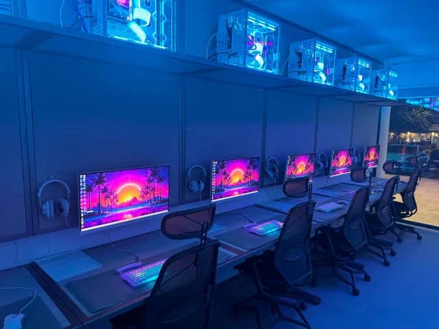 A row of gaming computers under blue light.